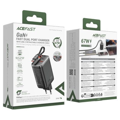 Сетевое зарядное устройство Aсefast A111 USB-C+USB-A 67W  Black, Чёрный
