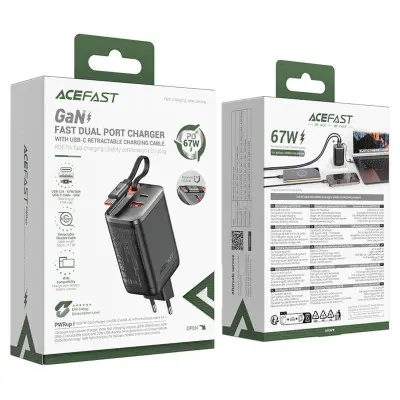 Мережевий зарядний пристрій Aсefast A111 USB-C+USB-A 67W + Type-C Black, Чорний