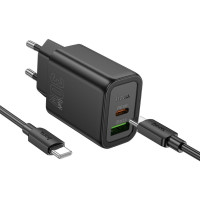 Мережевий зарядний пристрій Hoco N63 USB-C+USB-A 30W + Кабель Type-C to Type-C Black, Чорний
