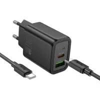 Сетевое зарядное устройство Hoco N63 USB-C+USB-A 30W + Кабель Type-C to Type-C Black, Черный