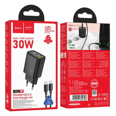 Мережевий зарядний пристрій Hoco N63 USB-C+USB-A 30W + Кабель Type-C to Type-C Black, Чорний