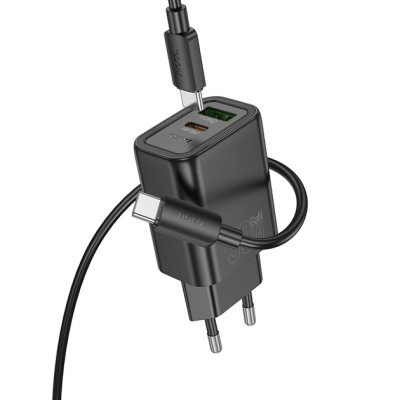 Сетевое зарядное устройство Hoco N63 USB-C+USB-A 30W + Кабель Type-C to Type-C Black, Черный