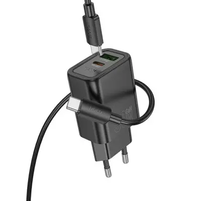 Мережевий зарядний пристрій Hoco N63 USB-C+USB-A 30W + Кабель Type-C to Type-C Black, Чорний