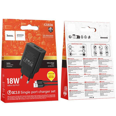 Мережевий зарядний пристрій Hoco CS92A 1USB/18W + Micro USB Чорний Мережевий зарядний пристрій Hoco CS92A 1USB/18W + Micro USB Чорний