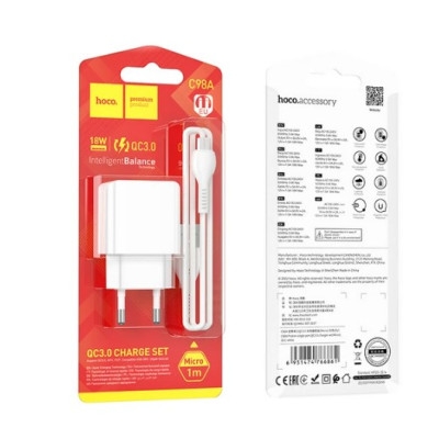 Мережевий зарядний пристрій Hoco C98A 1USB 18W/QC3.0 + MicroUSB Білий