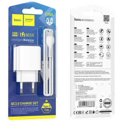 Мережевий зарядний пристрій Hoco C98A 1USB 18W/QC3/0 + Type-C Білий