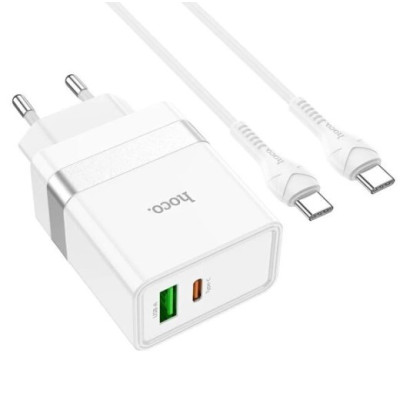 Мережевий зарядний пристрій Hoco N21 1PD+1USB 30W + Кабель Type-C to Type-C White, Білий