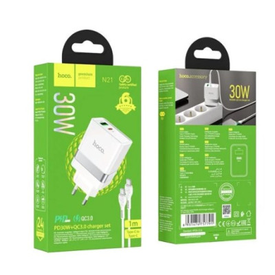 Мережевий зарядний пристрій Hoco N21 1PD+1USB 30W + Кабель Type-C to Type-C White, Білий