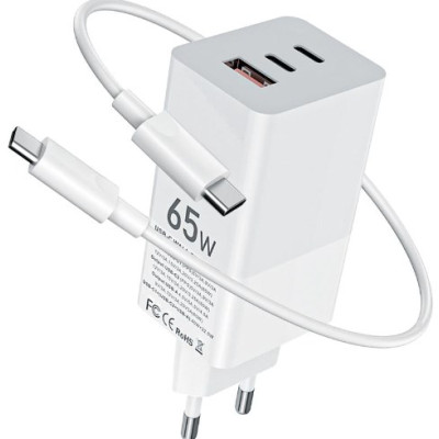 Мережевий зарядний пристрій Gelius GaN GP-HC051 + Type-C to Type-C (65W) White, Білий