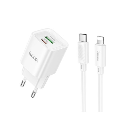 Сетевое зарядное устройство  Hoco C147A 1PD+1USB 20W + Type-C to Lightning White, Белый