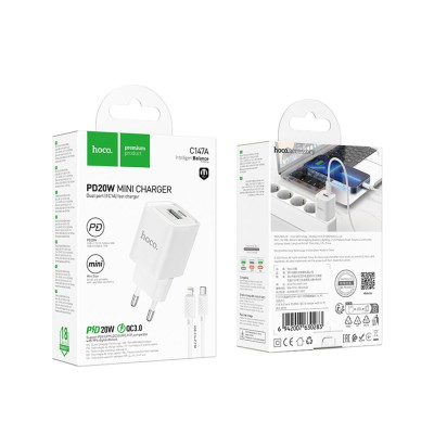 Сетевое зарядное устройство  Hoco C147A 1PD+1USB 20W + Type-C to Lightning White, Белый