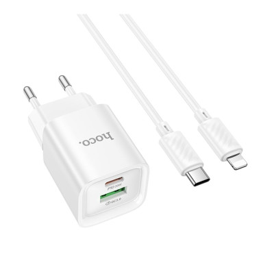 Сетевое зарядное устройство  Hoco C147A 1PD+1USB 20W + Type-C to Lightning White, Белый