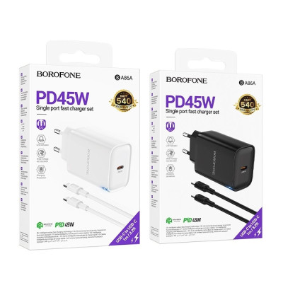 Сетевое зарядное устройство Borofone BA86 1PD+1USB 45W + Type-C to Type-C White, Белый