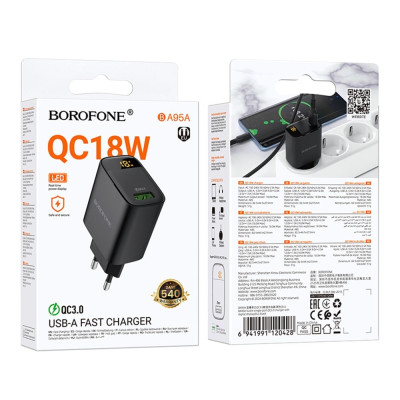 Сетевое зарядное устройство BA95A 18W LED QC3.0 Black, Черный