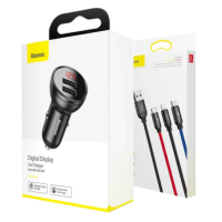 Автомобільний зарядний пристрій Baseus Digital Display 4.8A + Кабель 3в1 Grey, Сірий