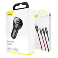 Автомобільний зарядний пристрій Baseus Digital Display 4.8A + Кабель 3в1 Grey, Сірий