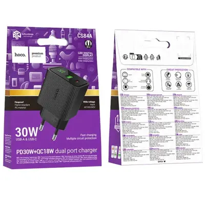Сетевое зарядное устройство Hoco CS84A USB-A/USB-C (30W) Black, Черный