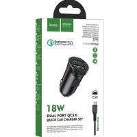 Автомобільний зарядний пристрій Hoco Z39 2USB QC3.0 + кабель MicroUSB Black, Чорний