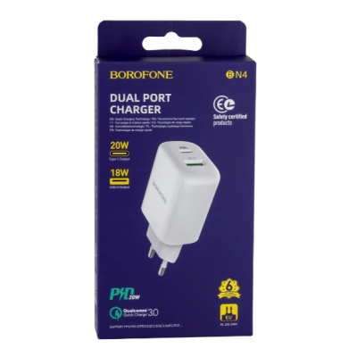 Мережевий зарядний пристрій Borofone 1USB+1USB-C BN4 QC3.0 20W White, Білий