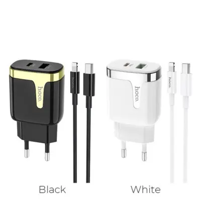 Сетевое зарядное устройство Hoco C79A 18W + Кабель Type-C to Lightning Black, Чёрный