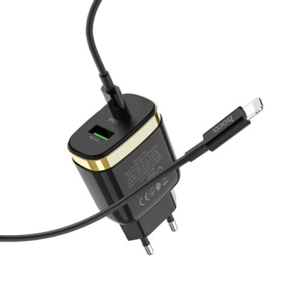 Мережевий зарядний пристрій Hoco C79A 18W + Кабель Type-C to Lightning Black, Чорний