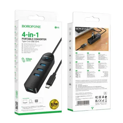 USB хаб Borofone DH5 Type-C 4in1 Black, Черный