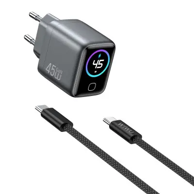 Мережевий зарядний пристрій Wiwu Voyager USB-C 45W + Кабель Type-C to Type-C Gray, Сірий Мережевий зарядний пристрій Wiwu Voyager USB-C 45W + Кабель Type-C to Type-C Gray, Сірий
