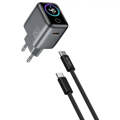 Мережевий зарядний пристрій Wiwu Voyager USB-C 45W + Кабель Type-C to Type-C Gray, Сірий Мережевий зарядний пристрій Wiwu Voyager USB-C 45W + Кабель Type-C to Type-C Gray, Сірий