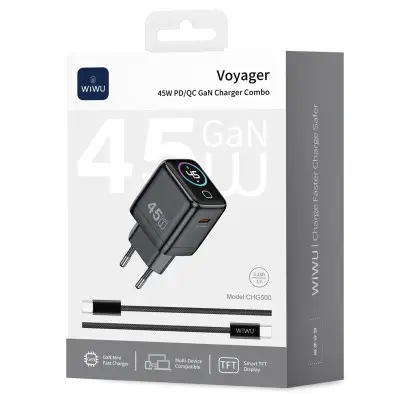 Мережевий зарядний пристрій Wiwu Voyager USB-C 45W + Кабель Type-C to Type-C Gray, Сірий Мережевий зарядний пристрій Wiwu Voyager USB-C 45W + Кабель Type-C to Type-C Gray, Сірий