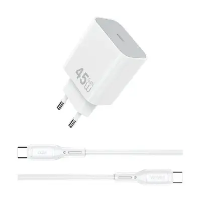 Мережевий зарядний пристрій Wiwu Essen USB-C 45W + Кабель Type-C to Type-C White, Білий Мережевий зарядний пристрій Wiwu Essen USB-C 45W + Кабель Type-C to Type-C White, Білий