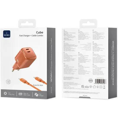 Мережевий зарядний пристрій Wiwu Cube 2USB-C 45W Type-C to Type-C Помаранчевий G025 Мережевий зарядний пристрій Wiwu Cube 2USB-C 45W Type-C to Type-C Помаранчевий G025