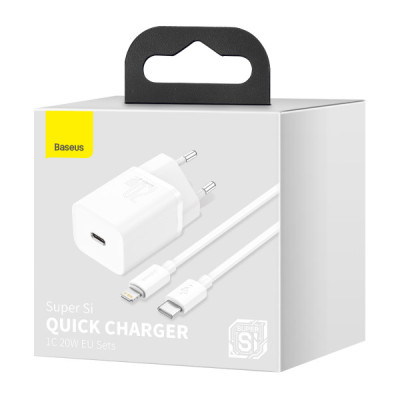 Мережевий зарядний пристрій Baseus Super Si 20W + Кабель Type-C to Lightning White, Білий