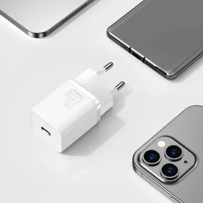 Мережевий зарядний пристрій Baseus Super Si 20W + Кабель Type-C to Lightning White, Білий