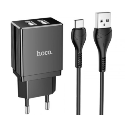 Сетевое зарядное устройство Hoco DC01 2USB/2.1A + Type-C Black, Чёрный