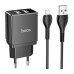 Мережевий зарядний пристрій Hoco DC01 2USB/2.1A + Lightning Black, Чорний