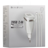 Мережевий зарядний пристрій Borofone 2USB BA2A 2.4A 3в1 Білий Мережевий зарядний пристрій Borofone 2USB BA2A 2.4A 3в1 Білий