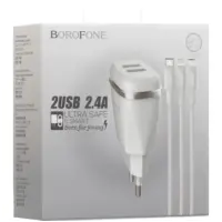 Сетевое зарядное устройство Borofone 2USB BA2A 2.4A 3в1 Белый Сетевое зарядное устройство Borofone 2USB BA2A 2.4A 3в1 Белый
