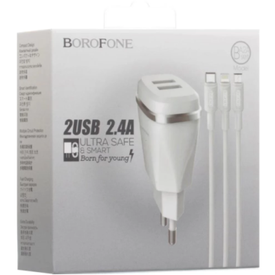 Мережевий зарядний пристрій Borofone 2USB BA2A 2.4A 3в1 Білий