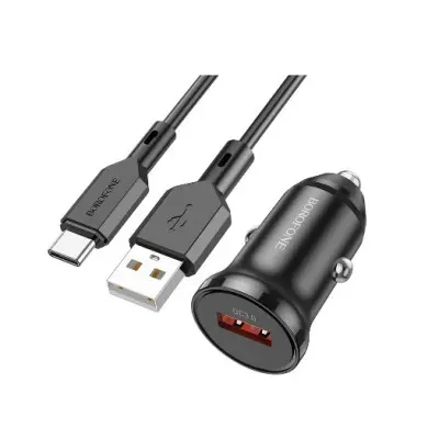 Автомобільний зарядний пристрій Borofone BZ18 QC3.0 + Кабель Type-C Black, Чорний