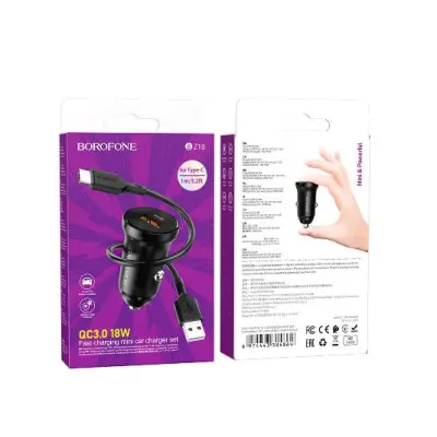 Автомобільний зарядний пристрій Borofone BZ18 QC3.0 + Кабель Type-C Black, Чорний