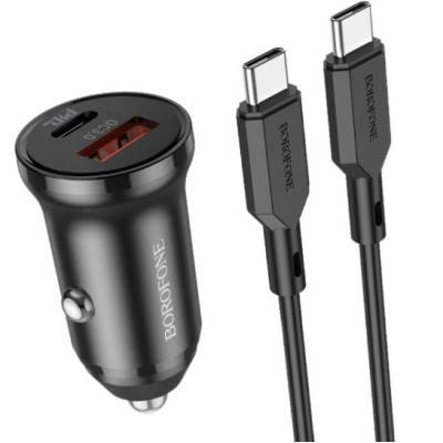 Автомобільний зарядний пристрій Borofone BZ18 PD20W QC3.0 + Кабель Type-C to Type-C Black, Чорний
