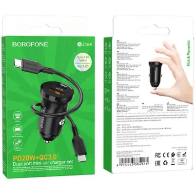 Автомобільний зарядний пристрій Borofone BZ18 PD20W QC3.0 + Кабель Type-C to Type-C Black, Чорний Автомобільний зарядний пристрій Borofone BZ18 PD20W QC3.0 + Кабель Type-C to Type-C Black, Чорний