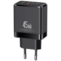 Мережевий зарядний пристрій Usams T58 Gan 45W USB-C+USB-A Black,  Чорний