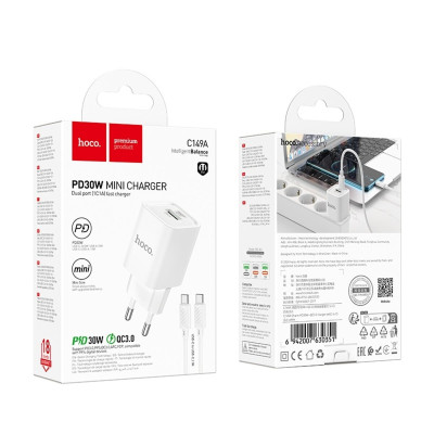Сетевое зарядное устройство  C149A 1PD+1USB 30W + Type-C to Type-C White, Белый