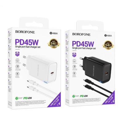 Мережевий зарядний пристрій Borofone BA86 USB-C 45W + Type-C to Type-C  Чорний