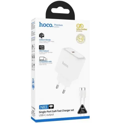 Мережевий зарядний пристрій Hoco N83 1USB-C 40W + Кабель Type-C to Type-C White, Білий Мережевий зарядний пристрій Hoco N83 1USB-C 40W + Кабель Type-C to Type-C White, Білий
