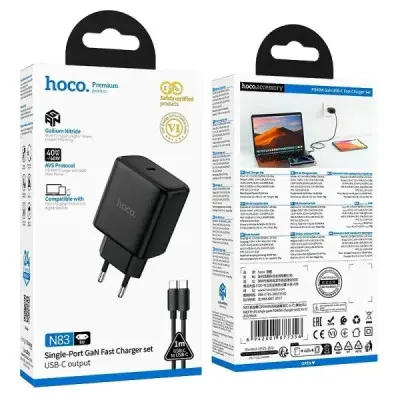 Мережевий зарядний пристрій Hoco N83 1USB-C 40W + Кабель Type-C to Type-C Black, Чорний