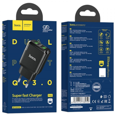 Мережевий зарядний пристрій Hoco N6 Charmer 2USB/QC3.0/3A Black, Чорний