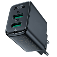 Мережевий зарядний пристрій Acefast A33 18W QC3.0 2USB-A Black, Чорний