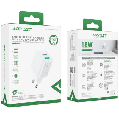 Мережевий зарядний пристрій Acefast A33 18W QC3.0 2USB-A White, Білий